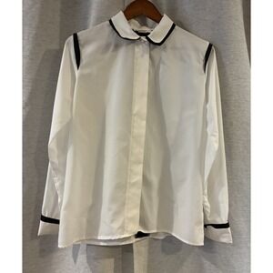 TR Bentley Vintage White Black Trim Button Up Office Career Blouse Womens 12